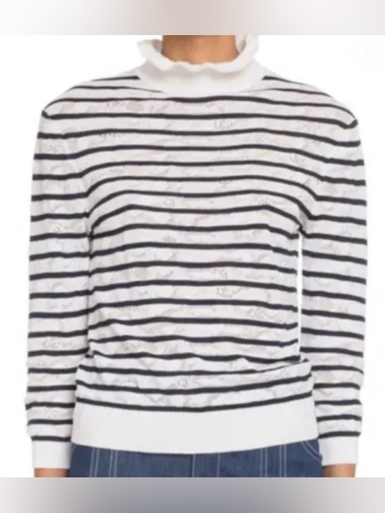 Chloe Sweaters - Chloe Ruffled Turtleneck Striped Sweater White & Navy Size S